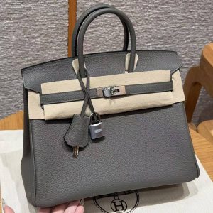 Hermes Birkin 25 Bag 8F Etain Handmade In Togo Calfskin Leather Silver Hardware