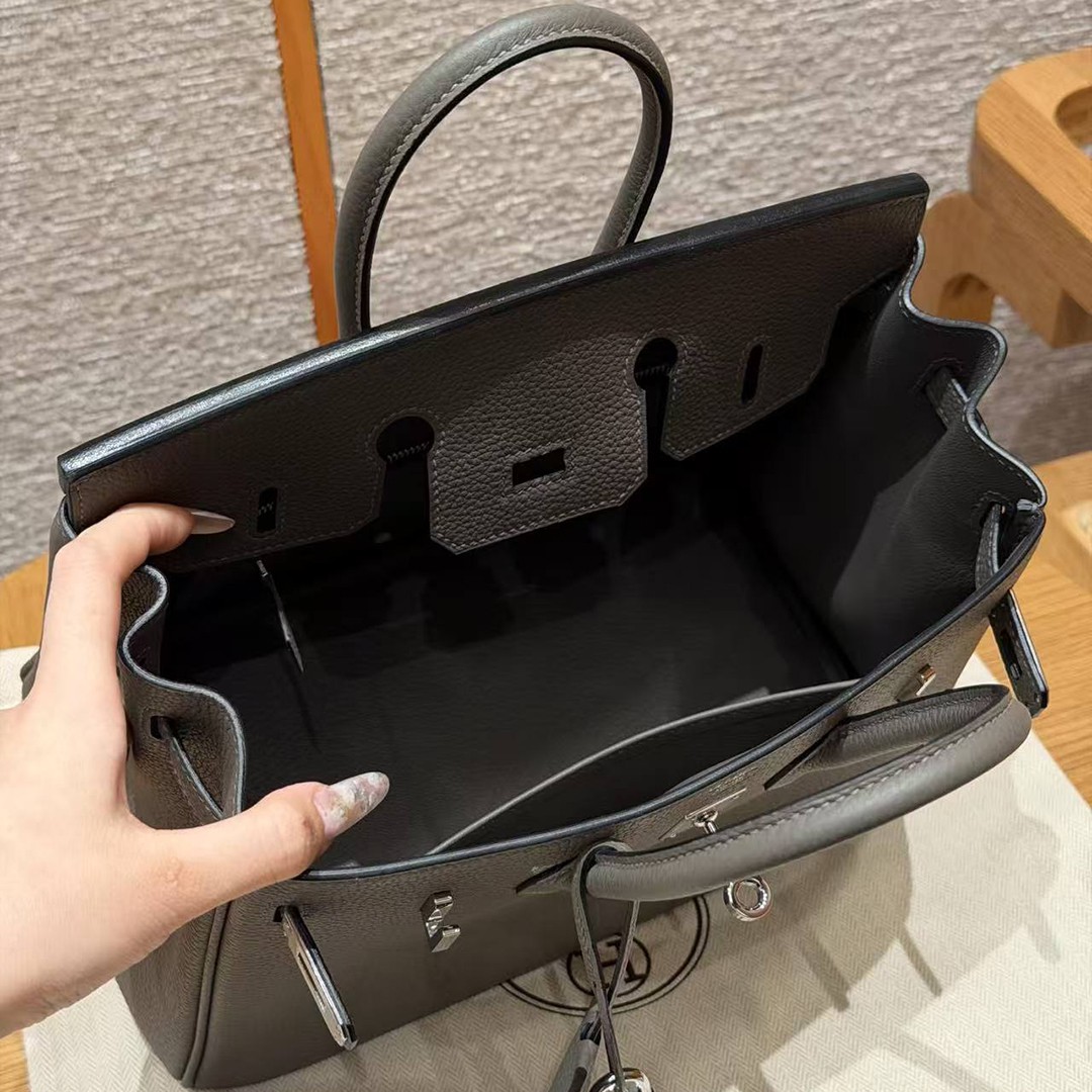 Hermes Birkin 25 Bag 8F Etain Handmade In Togo Calfskin Leather Silver Hardware - Image 21