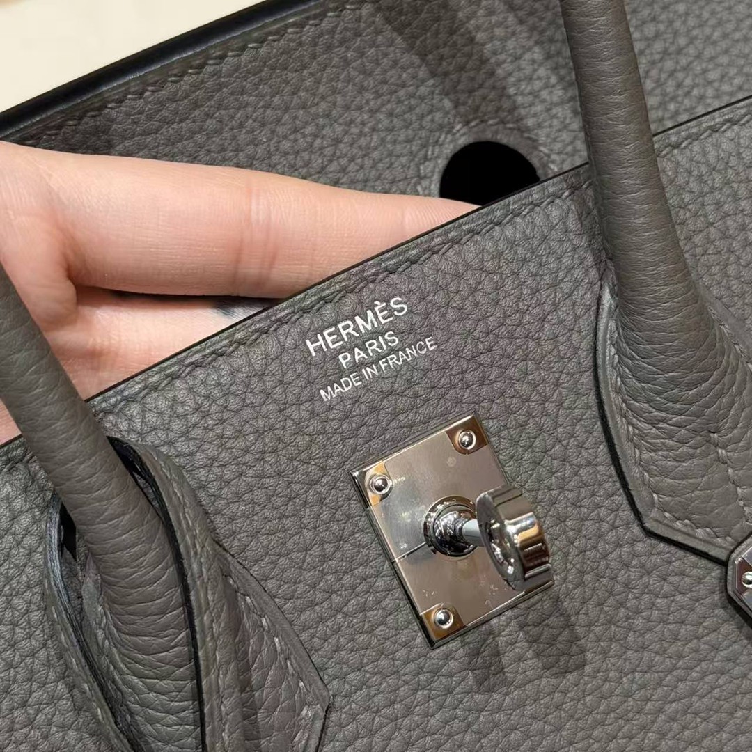 Hermes Birkin 25 Bag 8F Etain Handmade In Togo Calfskin Leather Silver Hardware - Image 20
