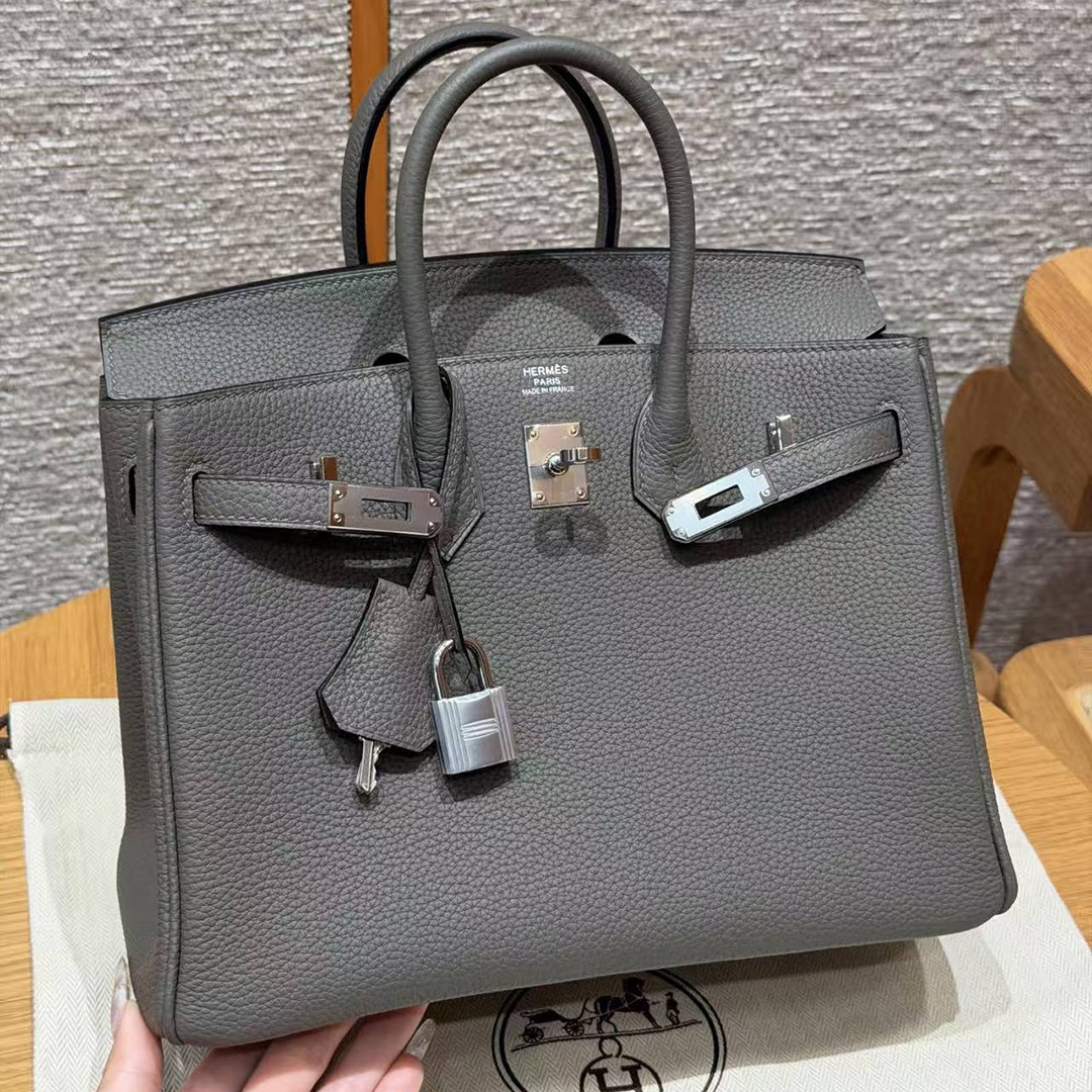 Hermes Birkin 25 Bag 8F Etain Handmade In Togo Calfskin Leather Silver Hardware - Image 18