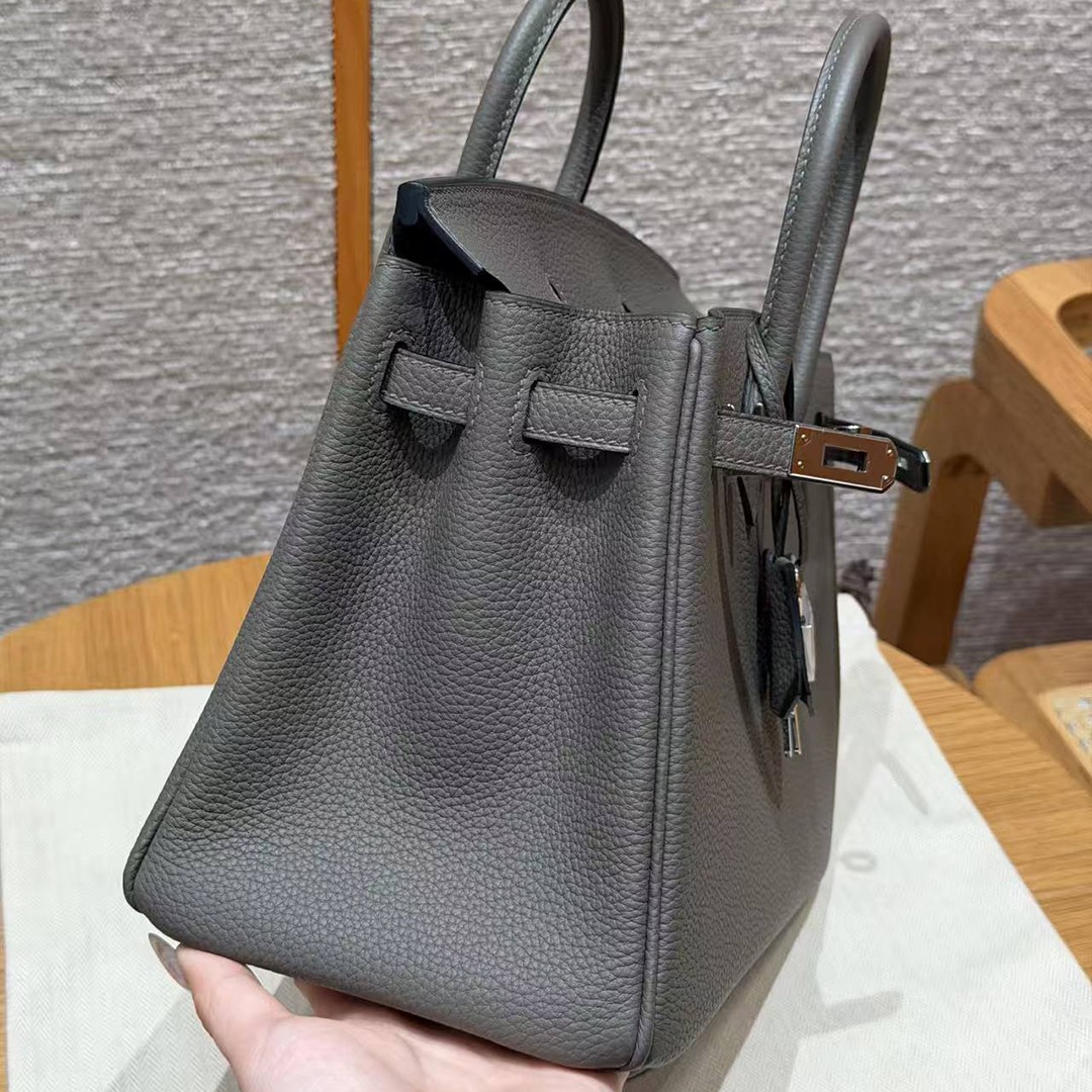 Hermes Birkin 25 Bag 8F Etain Handmade In Togo Calfskin Leather Silver Hardware - Image 17