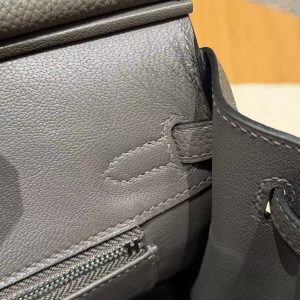 Hermes Birkin 25 Bag 8F Etain Handmade In Togo Calfskin Leather Silver Hardware - Image 13