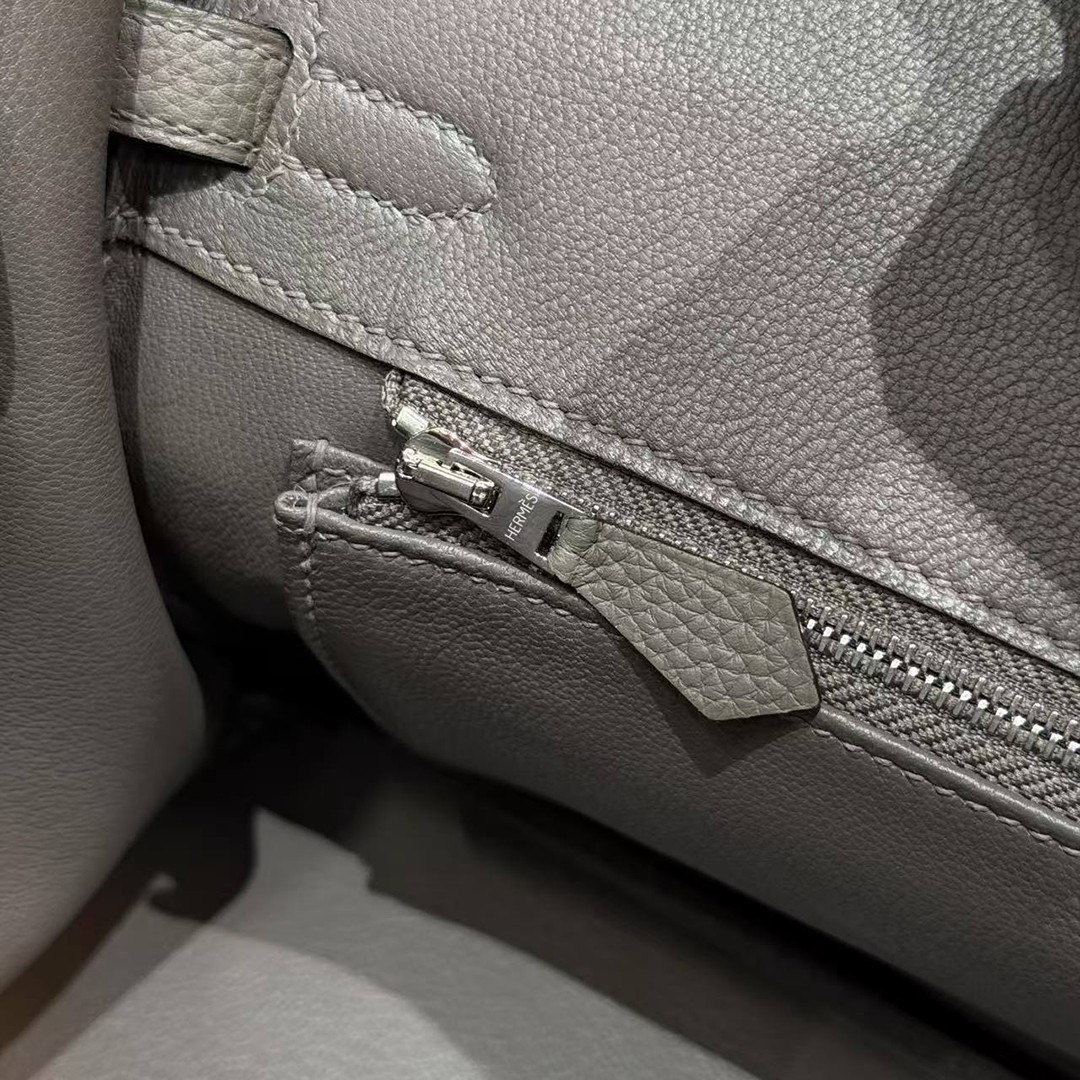 Hermes Birkin 25 Bag 8F Etain Handmade In Togo Calfskin Leather Silver Hardware - Image 12