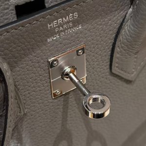 Hermes Birkin 25 Bag 8F Etain Handmade In Togo Calfskin Leather Silver Hardware - Image 11