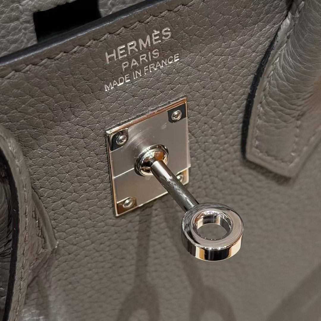 Hermes Birkin 25 Bag 8F Etain Handmade In Togo Calfskin Leather Silver Hardware - Image 11