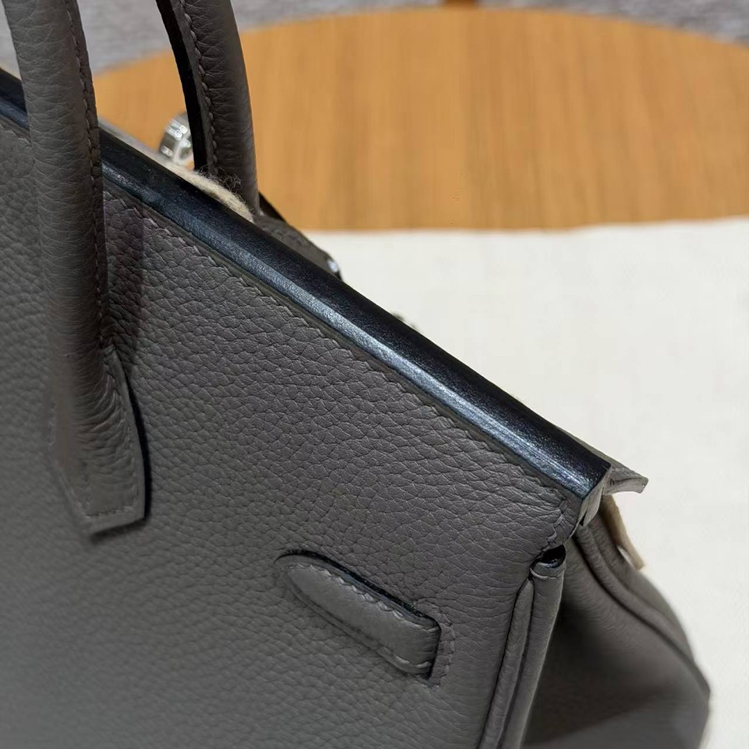 Hermes Birkin 25 Bag 8F Etain Handmade In Togo Calfskin Leather Silver Hardware - Image 5