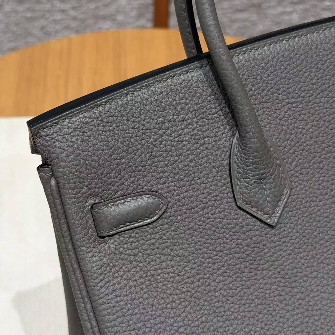 Hermes Birkin 25 Bag 8F Etain Handmade In Togo Calfskin Leather Silver Hardware - Image 3