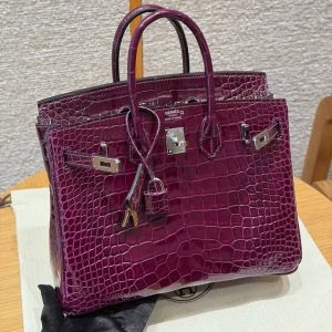 Hermès Birkin 25 Bag Handmade In Alligator Leather from Mississippi Silver Hardware N5 Cassis - Image 18
