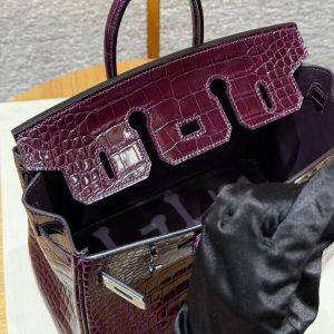Hermès Birkin 25 Bag Handmade In Alligator Leather from Mississippi Silver Hardware N5 Cassis - Image 16