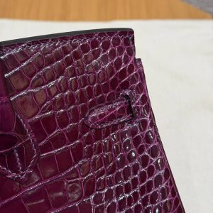 Hermès Birkin 25 Bag Handmade In Alligator Leather from Mississippi Silver Hardware N5 Cassis - Image 11