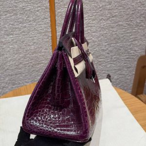 Hermès Birkin 25 Bag Handmade In Alligator Leather from Mississippi Silver Hardware N5 Cassis - Image 9