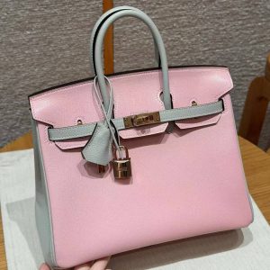 Hermès Birkin 25 Bag Handmade In Chèvre Leather Rose Gold Hardware 3Q Rose Sakura 80 Gris Perle