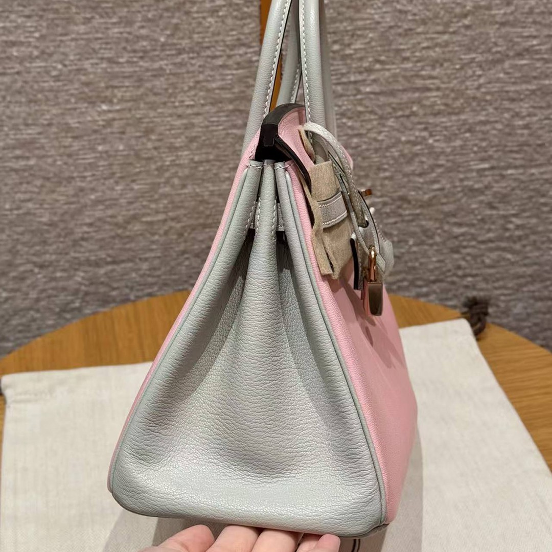 Hermès Birkin 25 Bag Handmade In Chèvre Leather Rose Gold Hardware 3Q Rose Sakura 80 Gris Perle - Image 19