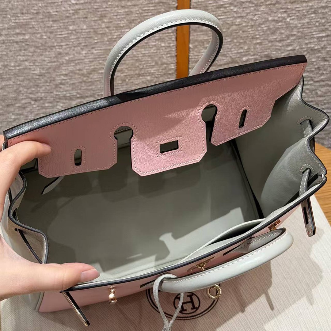 Hermès Birkin 25 Bag Handmade In Chèvre Leather Rose Gold Hardware 3Q Rose Sakura 80 Gris Perle - Image 17