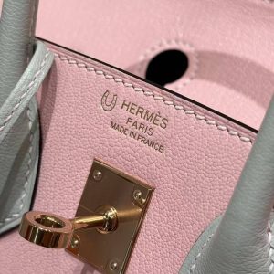 Hermès Birkin 25 Bag Handmade In Chèvre Leather Rose Gold Hardware 3Q Rose Sakura 80 Gris Perle - Image 16
