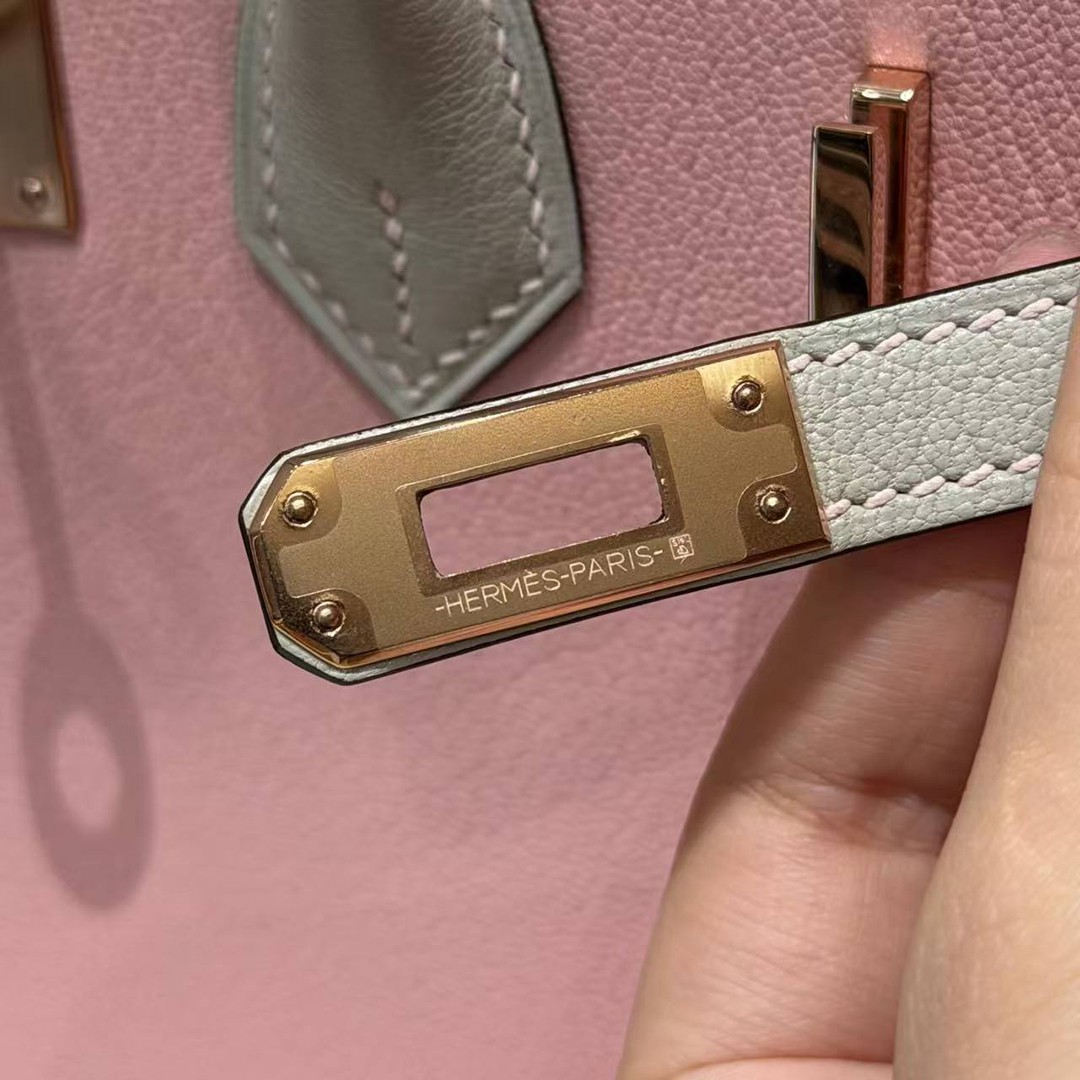 Hermès Birkin 25 Bag Handmade In Chèvre Leather Rose Gold Hardware 3Q Rose Sakura 80 Gris Perle - Image 11