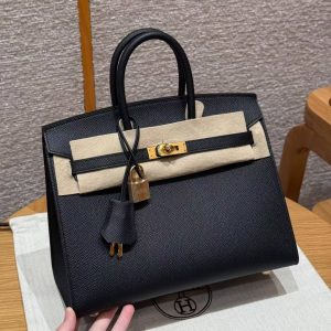 Hermes Birkin 25 Bag Handmade In Epsom Calfskin Leather Gold Hardware 89 Noir