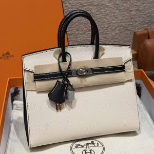 Hermes Birkin 25 Bag Handmade In Epsom Calfskin Leather Silver Hardware 10 Craie 89 Noir