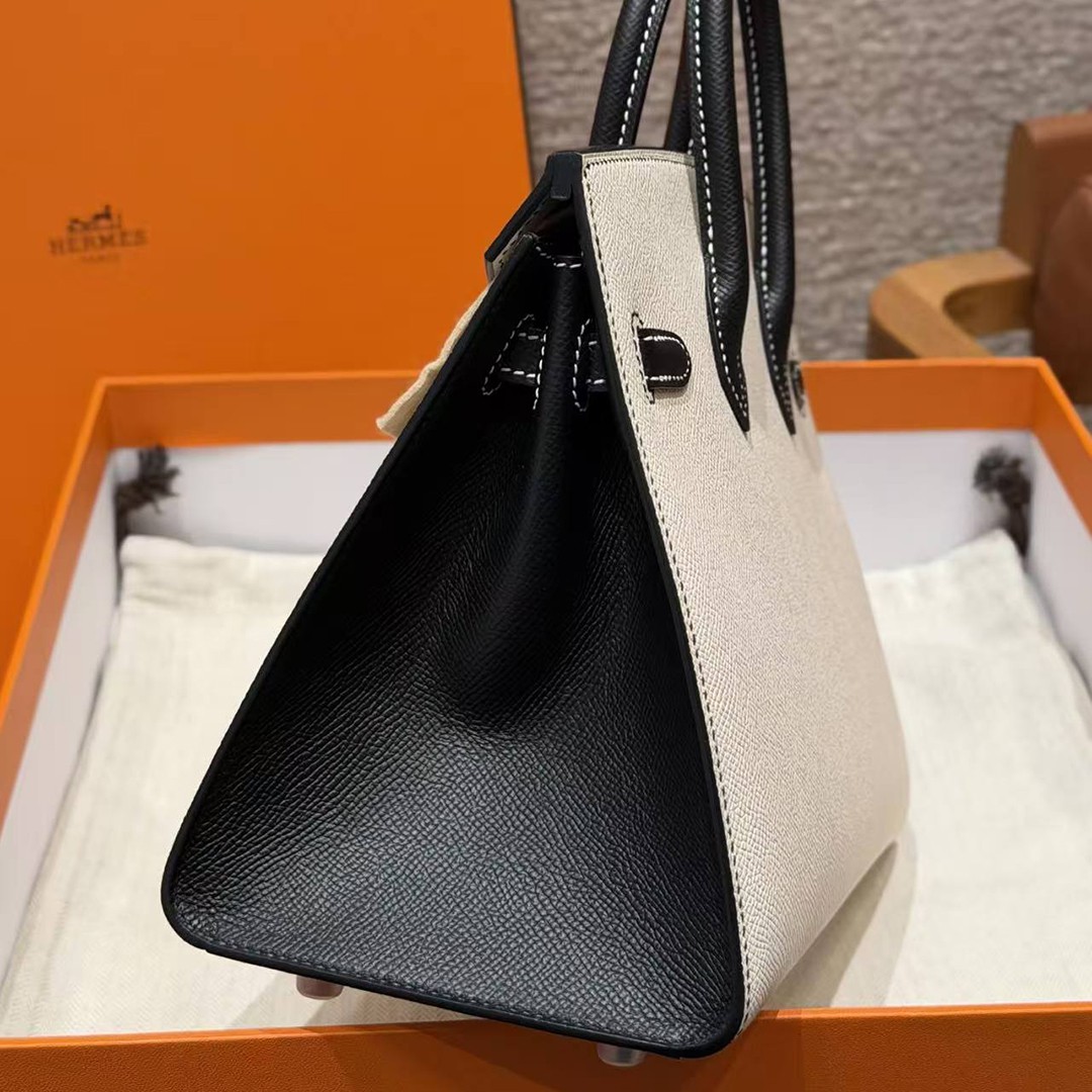 Hermes Birkin 25 Bag Handmade In Epsom Calfskin Leather Silver Hardware 10 Craie 89 Noir - Image 27
