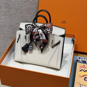 Hermes Birkin 25 Bag Handmade In Epsom Calfskin Leather Silver Hardware 10 Craie 89 Noir - Image 20