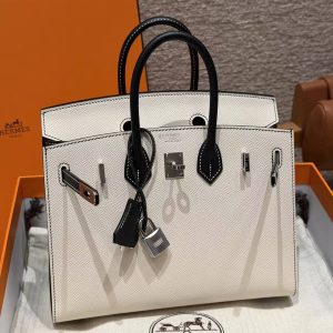 Hermes Birkin 25 Bag Handmade In Epsom Calfskin Leather Silver Hardware 10 Craie 89 Noir - Image 19