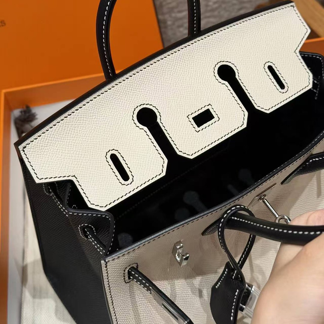 Hermes Birkin 25 Bag Handmade In Epsom Calfskin Leather Silver Hardware 10 Craie 89 Noir - Image 17