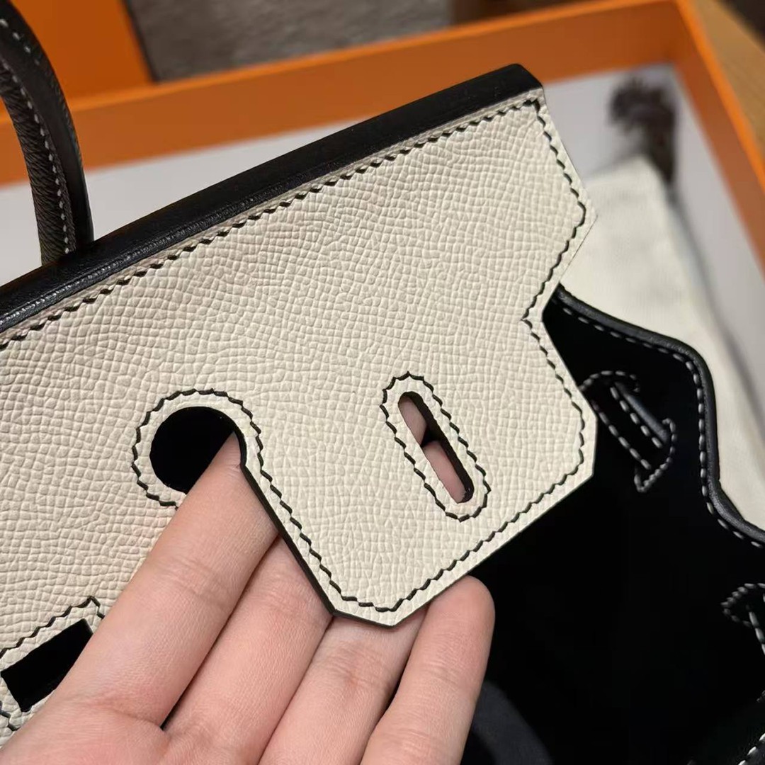 Hermes Birkin 25 Bag Handmade In Epsom Calfskin Leather Silver Hardware 10 Craie 89 Noir - Image 16