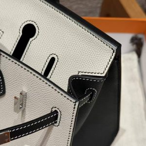 Hermes Birkin 25 Bag Handmade In Epsom Calfskin Leather Silver Hardware 10 Craie 89 Noir - Image 14