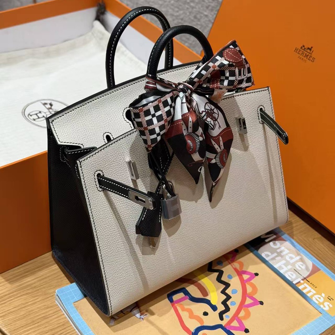 Hermes Birkin 25 Bag Handmade In Epsom Calfskin Leather Silver Hardware 10 Craie 89 Noir - Image 10
