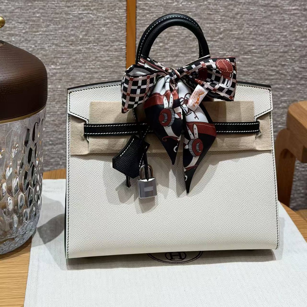Hermes Birkin 25 Bag Handmade In Epsom Calfskin Leather Silver Hardware 10 Craie 89 Noir - Image 9