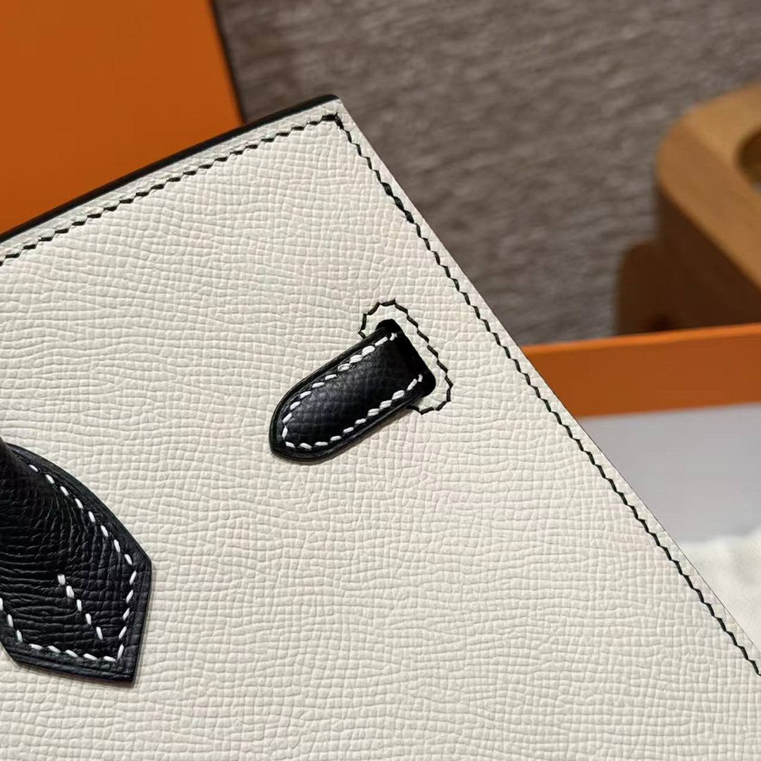 Hermes Birkin 25 Bag Handmade In Epsom Calfskin Leather Silver Hardware 10 Craie 89 Noir - Image 5