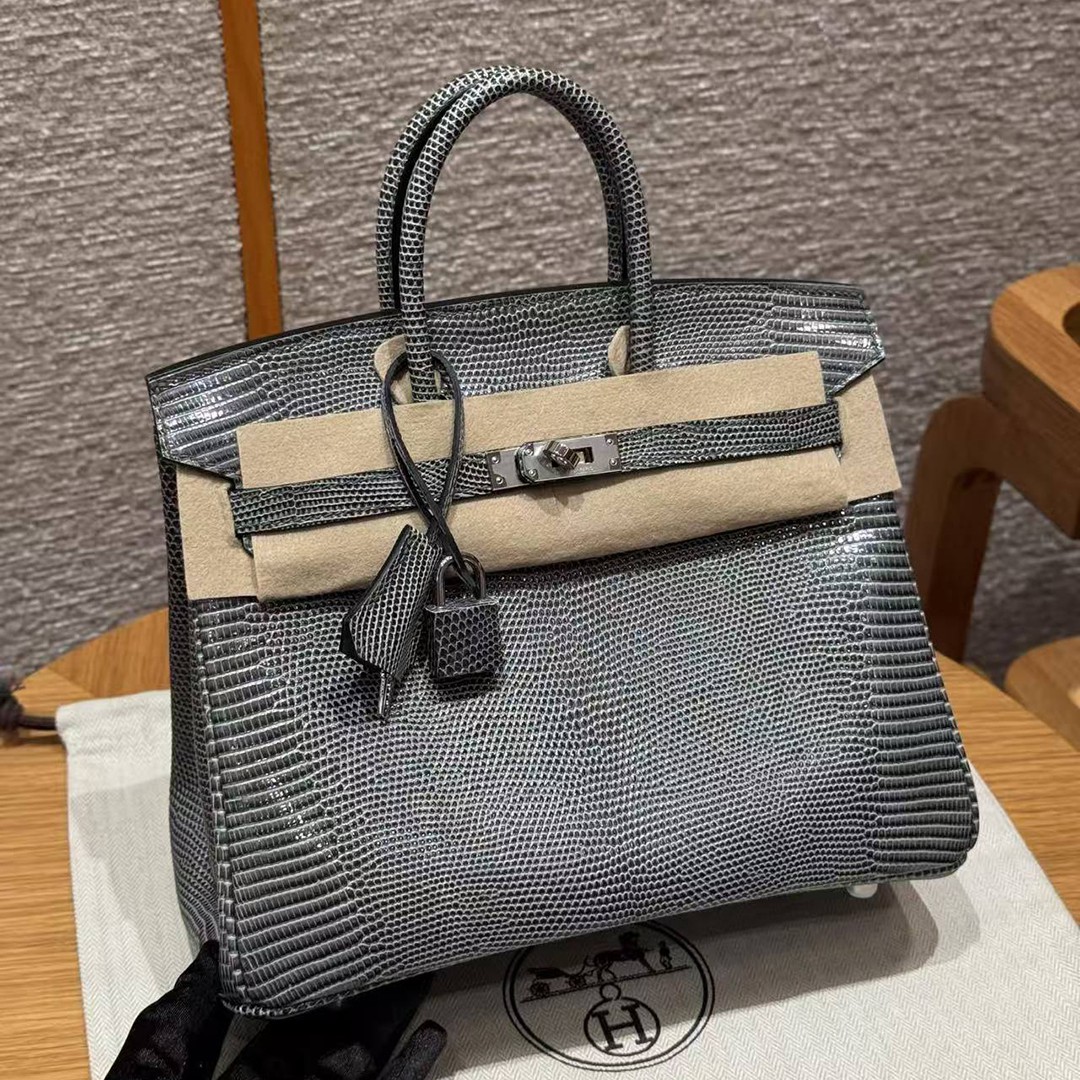 Hermès Birkin 25 Bag Handmade In Lizard Leather Silver Hardware 84 Gris Foncé