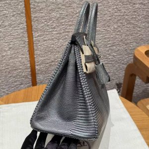 Hermès Birkin 25 Bag Handmade In Lizard Leather Silver Hardware 84 Gris Foncé - Image 19