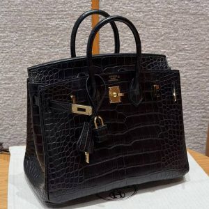 Hermès Birkin 25 Bag Handmade In Matte Alligator Leather Gold Hardware 89 Noir - Image 5