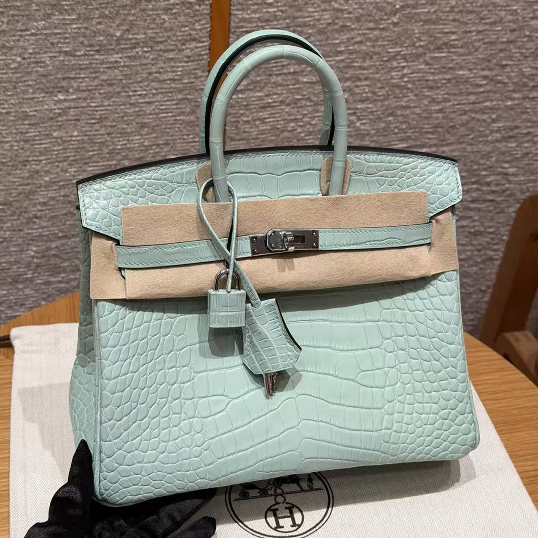 Hermès Birkin 25 Bag Handmade In Matte Alligator Leather Silver Hardware 6W Menthe