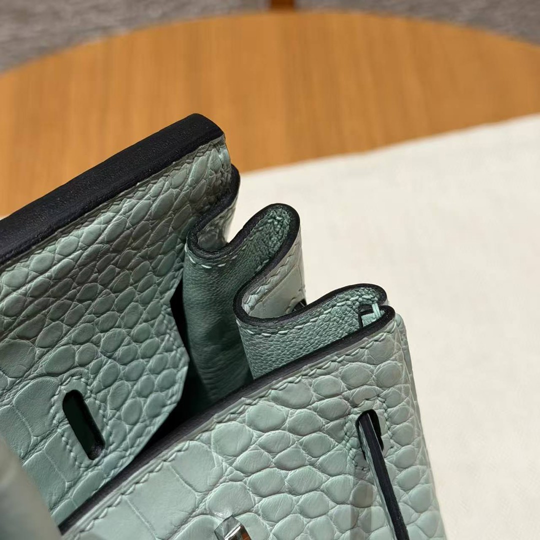 Hermès Birkin 25 Bag Handmade In Matte Alligator Leather Silver Hardware 6W Menthe - Image 12