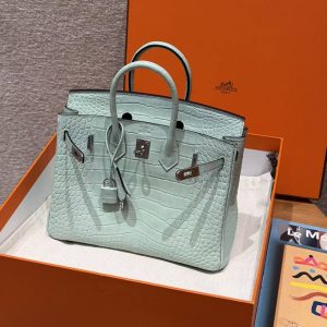 Hermès Birkin 25 Bag Handmade In Matte Alligator Leather Silver Hardware 6W Menthe - Image 11