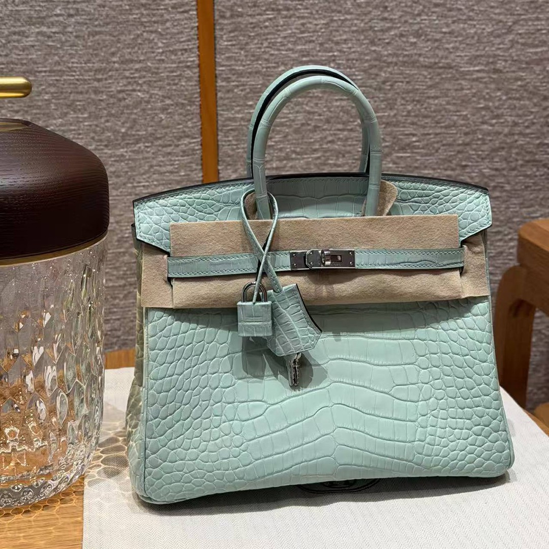 Hermès Birkin 25 Bag Handmade In Matte Alligator Leather Silver Hardware 6W Menthe - Image 10