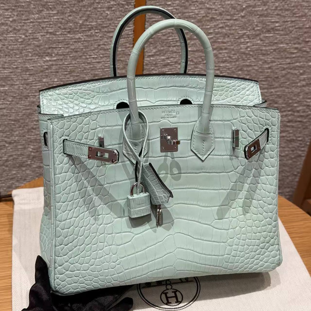 Hermès Birkin 25 Bag Handmade In Matte Alligator Leather Silver Hardware 6W Menthe - Image 9
