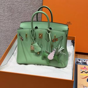 Hermes Birkin 25 Bag Handmade In Swift Calfskin Leather Gold Hardware 3I Vert Criquent - Image 11