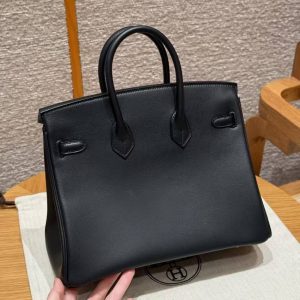 Hermès Birkin 25 Bag Handmade In Swift Calfskin Leather Gold Hardware 89 Noir - Image 19
