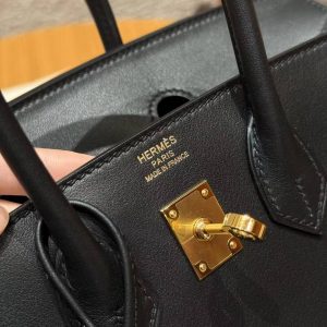 Hermès Birkin 25 Bag Handmade In Swift Calfskin Leather Gold Hardware 89 Noir - Image 14