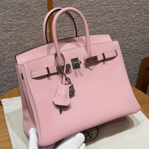 Hermès Birkin 25 Bag Handmade In Swift Calfskin Leather Silver Hardware 3Q Rose Sakura - Image 10