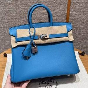 Hermes Birkin 25 Bag Handmade In Swift Calfskin Leather Silver Hardware B3 Blue Zanzibar