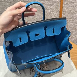 Hermes Birkin 25 Bag Handmade In Swift Calfskin Leather Silver Hardware B3 Blue Zanzibar - Image 24