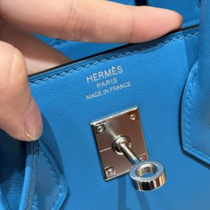 Hermes Birkin 25 Bag Handmade In Swift Calfskin Leather Silver Hardware B3 Blue Zanzibar - Image 23