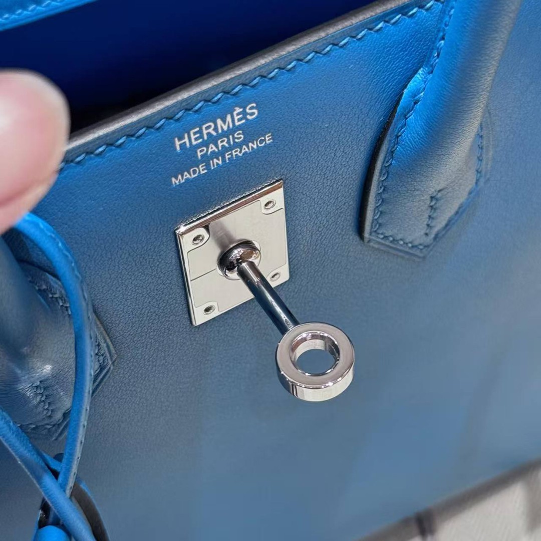 Hermes Birkin 25 Bag Handmade In Swift Calfskin Leather Silver Hardware B3 Blue Zanzibar - Image 20