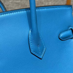 Hermes Birkin 25 Bag Handmade In Swift Calfskin Leather Silver Hardware B3 Blue Zanzibar - Image 18