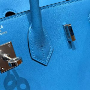 Hermes Birkin 25 Bag Handmade In Swift Calfskin Leather Silver Hardware B3 Blue Zanzibar - Image 15