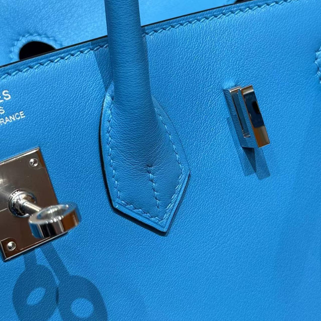 Hermes Birkin 25 Bag Handmade In Swift Calfskin Leather Silver Hardware B3 Blue Zanzibar - Image 15